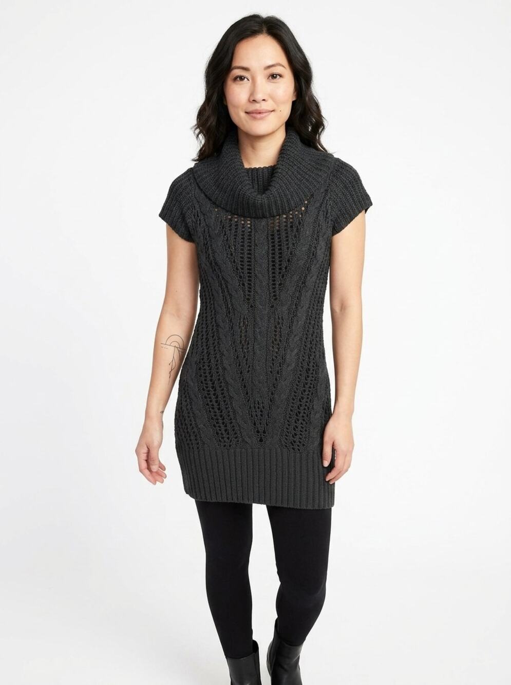 No Boundaries Black Cowl Neck Cable Short Sleeve Sweater Dress Women Size M